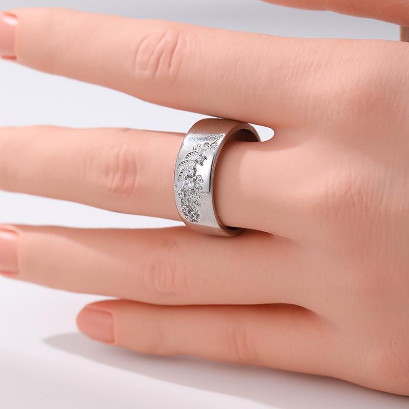 Sparkling Inlaid White CZ Flower Women's Ring Trendy CopperColor Hand Carving Daily Wear Party Jewelry Anniversary Gift