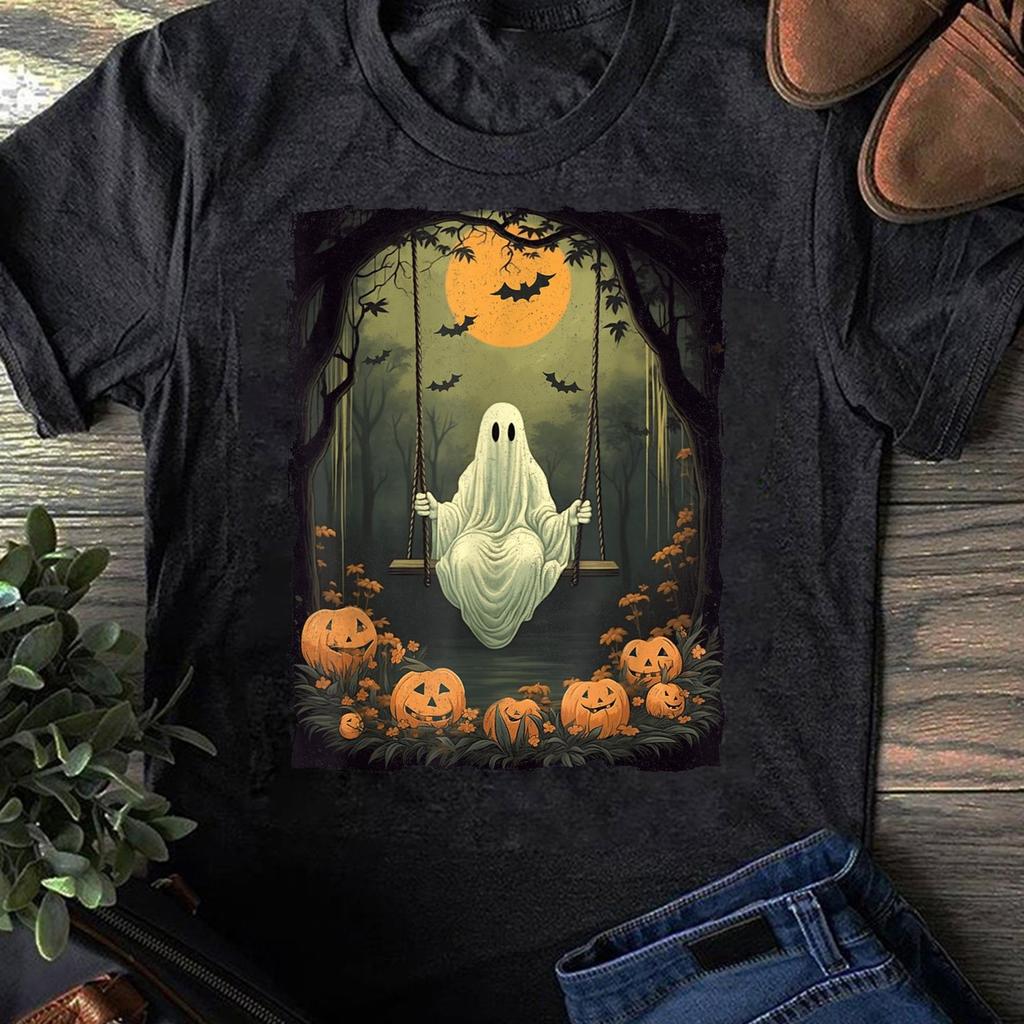 Retro Halloween Ghost Pumpkin Floral Vintage Boo Women Men T-Shirt - Funny Ghost Shirt, Spooky, Halloween T-Shirt,