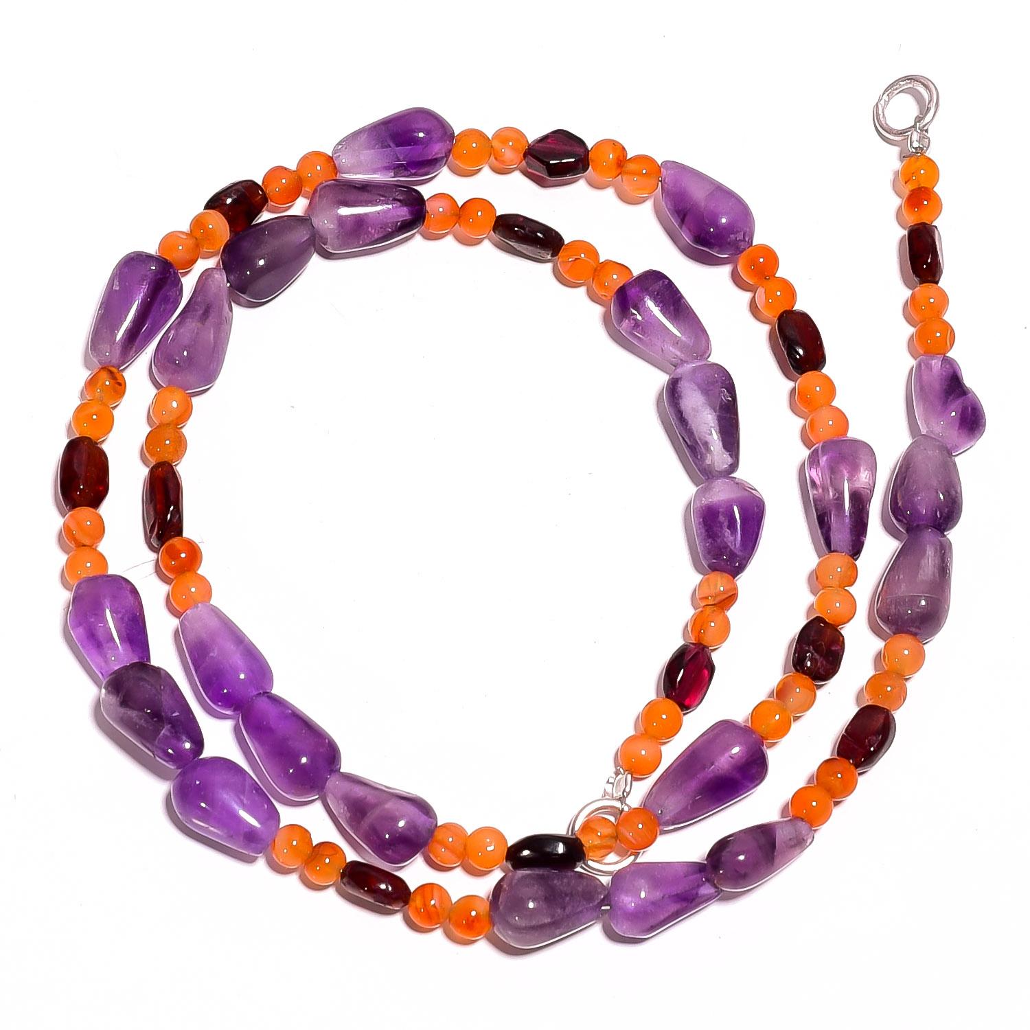 

Natural Amethyst Carnelian Garnet Gemstone Smooth Beads Necklace 17 UB-2989 UB-2989