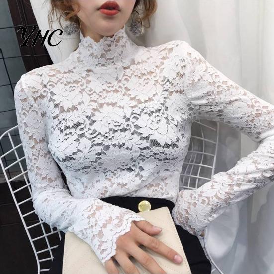 Blouse Half High Collar Long Sleeves See-Through Autumn Top Slim Lace Crochet Patchwork Hollow Tee Streetwear