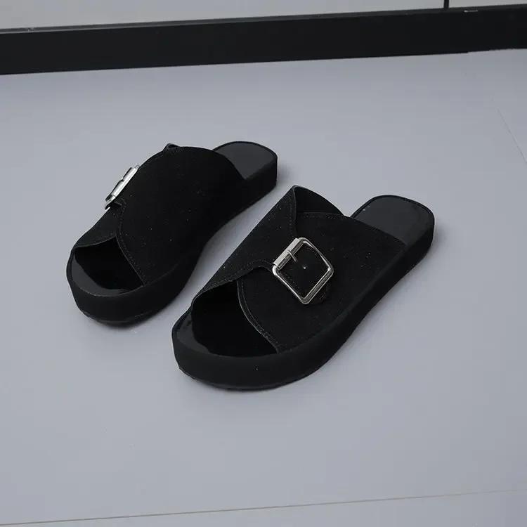 Mode Damen 2024 Sommer Neue Hausschuhe Flacher Boden Dicker Boden Offene Zehen Metallschnalle Tragen Strand Coole Hausschuhe Draußen Hausschuhe