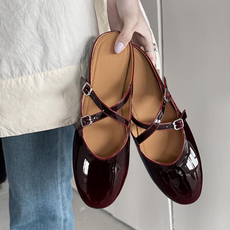 

Sweet style belt buckle round head low heel slippers 2025 summer cross with cool slippers outside half drag 39 бордовый
