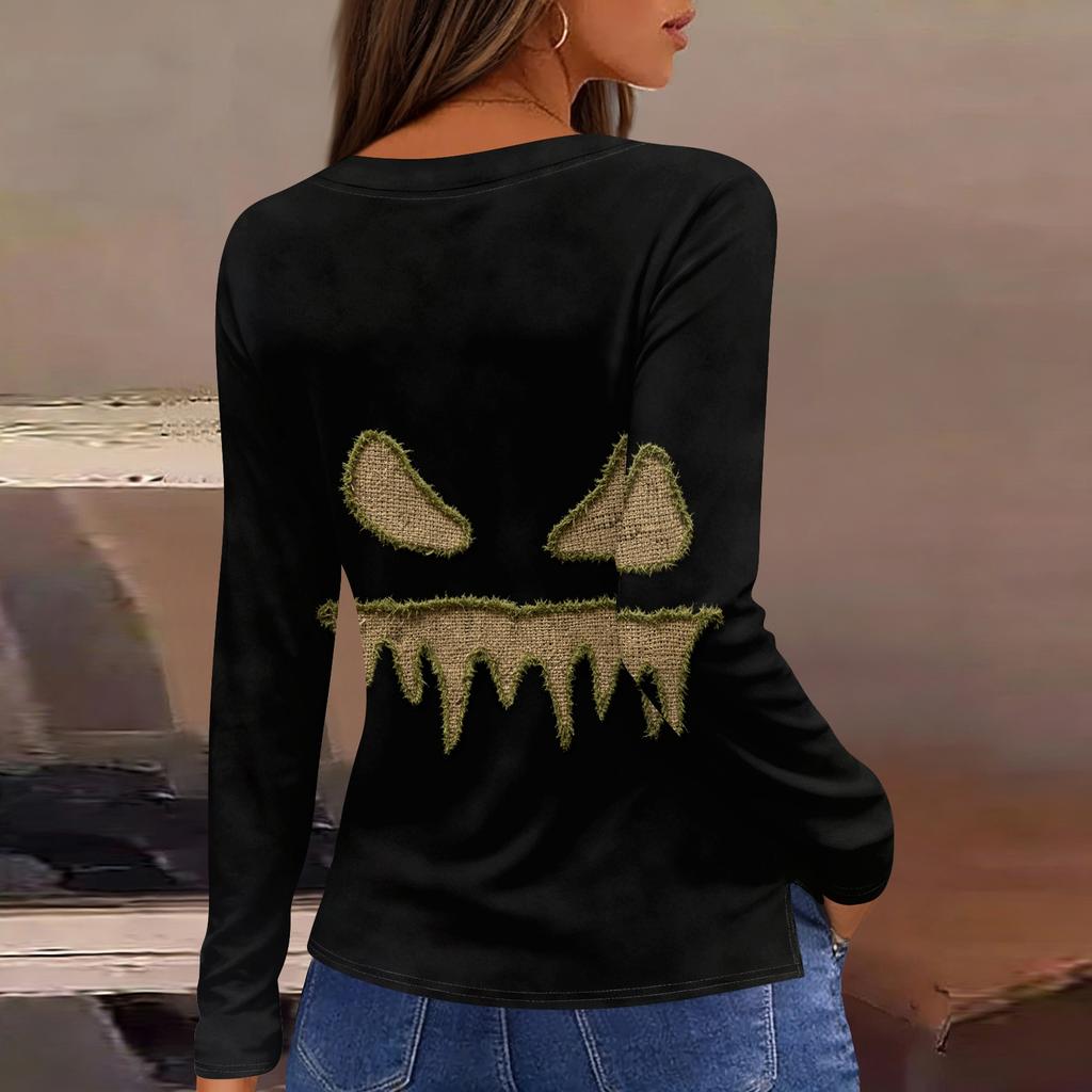 Women's Halloween Print Long Sleeve Top with Round Neck and Hem Slit for Casual Party Wear