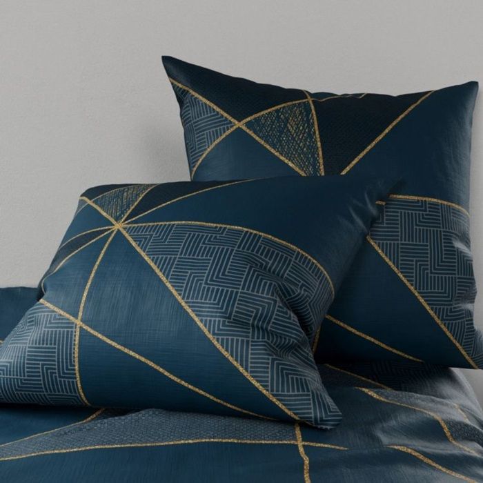 Parure De Lit - Housse Couette + 2 Taies - 260 X 240 Cm - Géométrique - Bleu Pétrole Et Doré