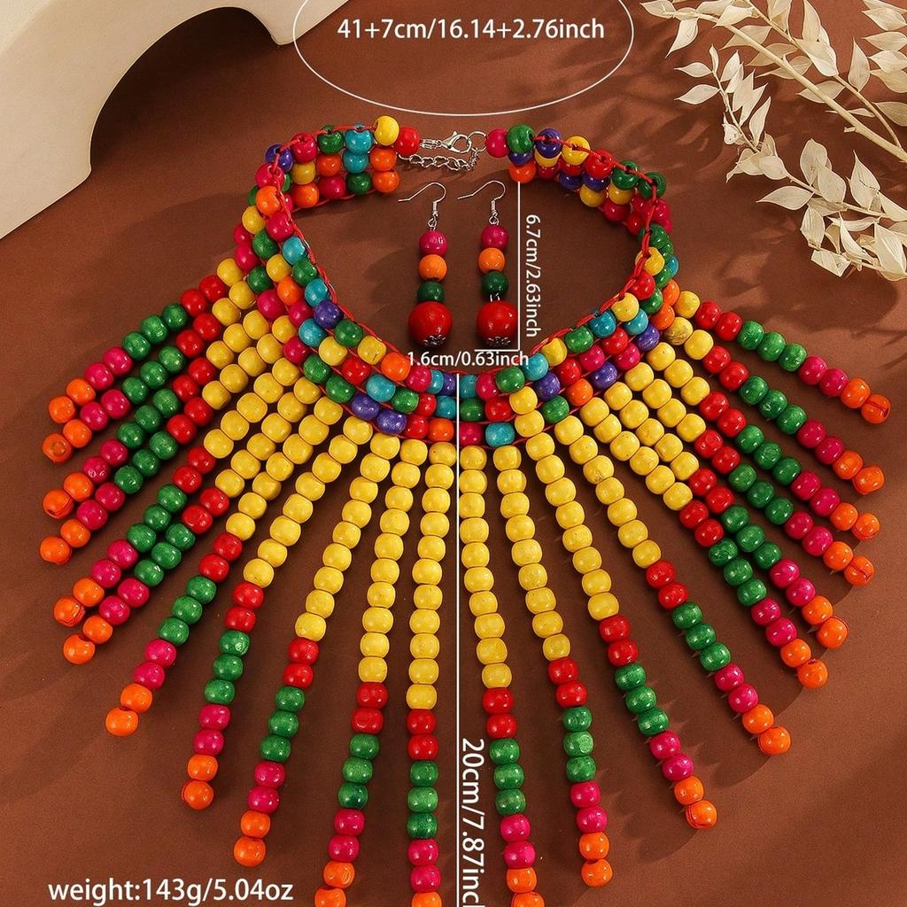 Ensemble de Bijoux Statement Bohème Rétro Ethnique Fait Main Collier Ras-de-cou Tressé en Perles de Bois et Boucles d'Oreilles Accessoires Quotidien pour Femmes