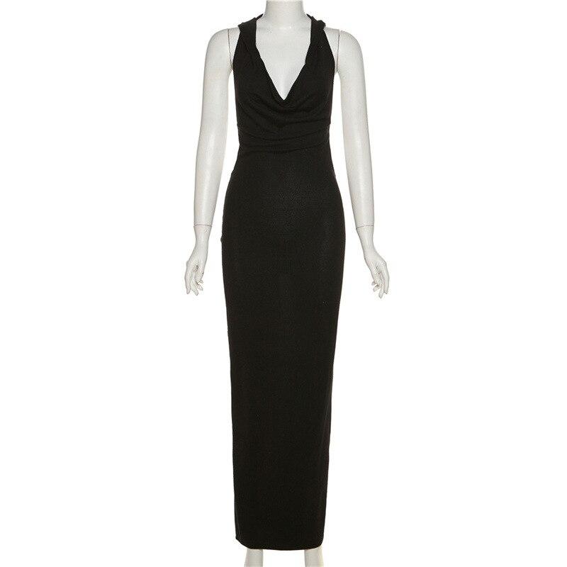 Deep V Neck Sexy Long Hooded Dress Women Fashion Halter Neck Backless Balck Bodycon Y2k Dress Wrap Hip Robe Party Club 26247
