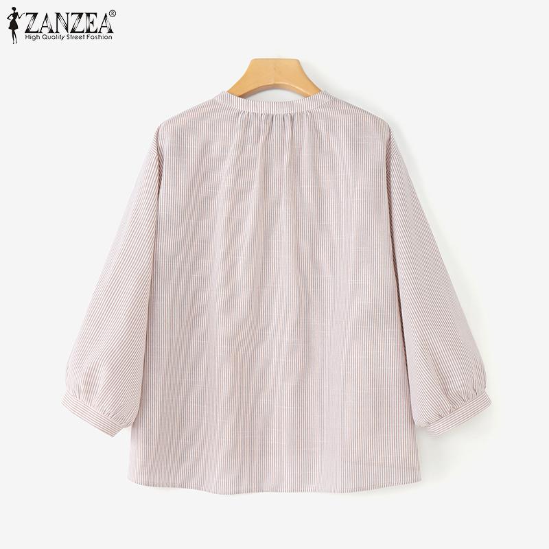 ZANZEA Blouse Décontractée à Col Montant pour Femmes, Manches Longues Amples à Rayures