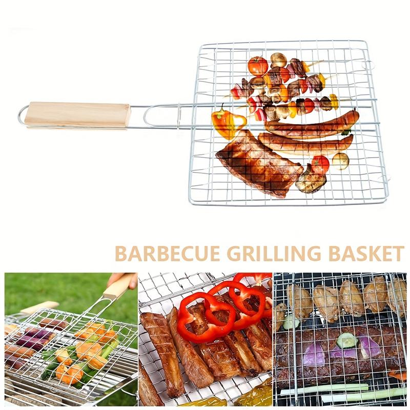 Grillkorb, zusammenklappbarer Grillrost aus Edelstahl, tragbares Grillgitter mit Holzgriff, Kochgeschirr für Outdoor-Camping und Picknick