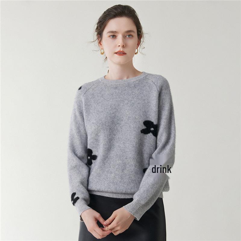Lekasha Women's Embroidered Cashmere Knit Sweater - Warm, Versatile, Round Neck, Long Sleeve for Autumn/Winter