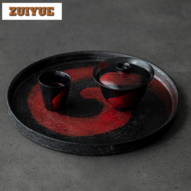 Brush Red Ceramic Tea Tray Handmade Coarse Pottery Dry Soaking Tray Breakfast Tray, Fruit Storage Plate Kung Fu Tea Ceremony