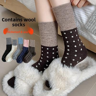 Warme Wollsocken für Damen, Mid-Calf-Socken für Herbst und Winter, Verdickte farblich abgesetzte gepunktete Winter-Langsocken, Frotteesocken