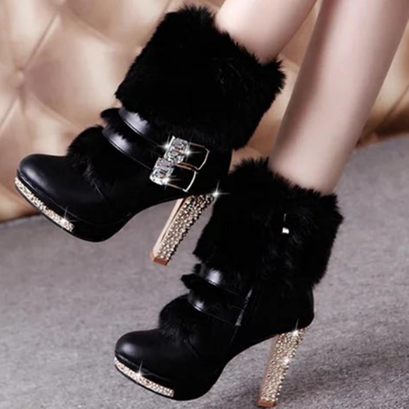 Fur Women Boots Female Thick with High Heel Fur Rhinestone Women's Boots Snow Boots Lady High Heels