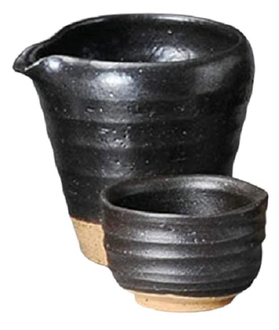 Sake Tokkuri and Ochoko Diameter 11 X 10 X Height Black Oribe Mino for Cold Sake Ale-net Set, (Sake Cup) Set, 10.5cm, 400ml, Style, Ware, Ceramic,