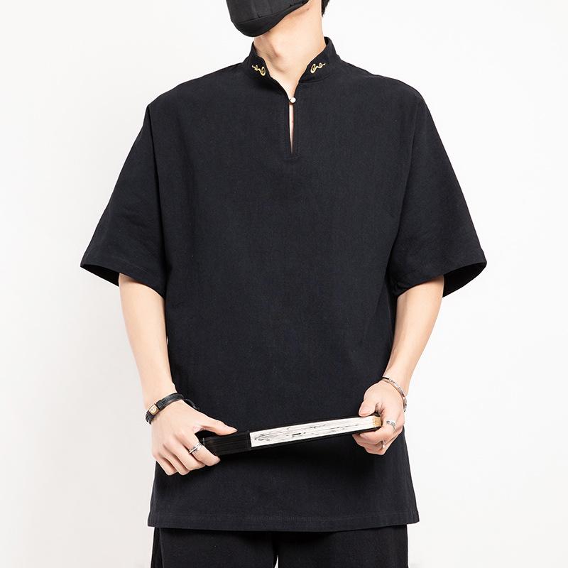 

2022 Мужская повседневная футболка из хлопка и льна в китайском стиле, ретро, больших размеров, с длинным рукавом, костюм тан 5XL чёрный