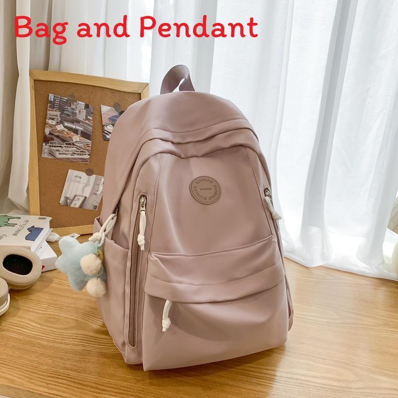 Simple Solid Color Student Lightweight Backpack With Plush Pendant For School