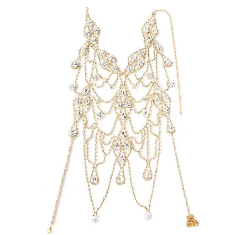 European and American jewelry, fashionable multi-layer rhinestone chest chain, sparkling crystal pendant bra necklace, brooch, sexy jewelry