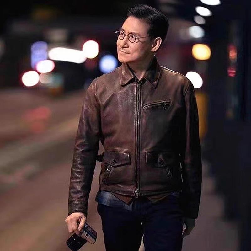 Jacky Cheung Men's Waxed Goatskin Leather Jacket with Lapel