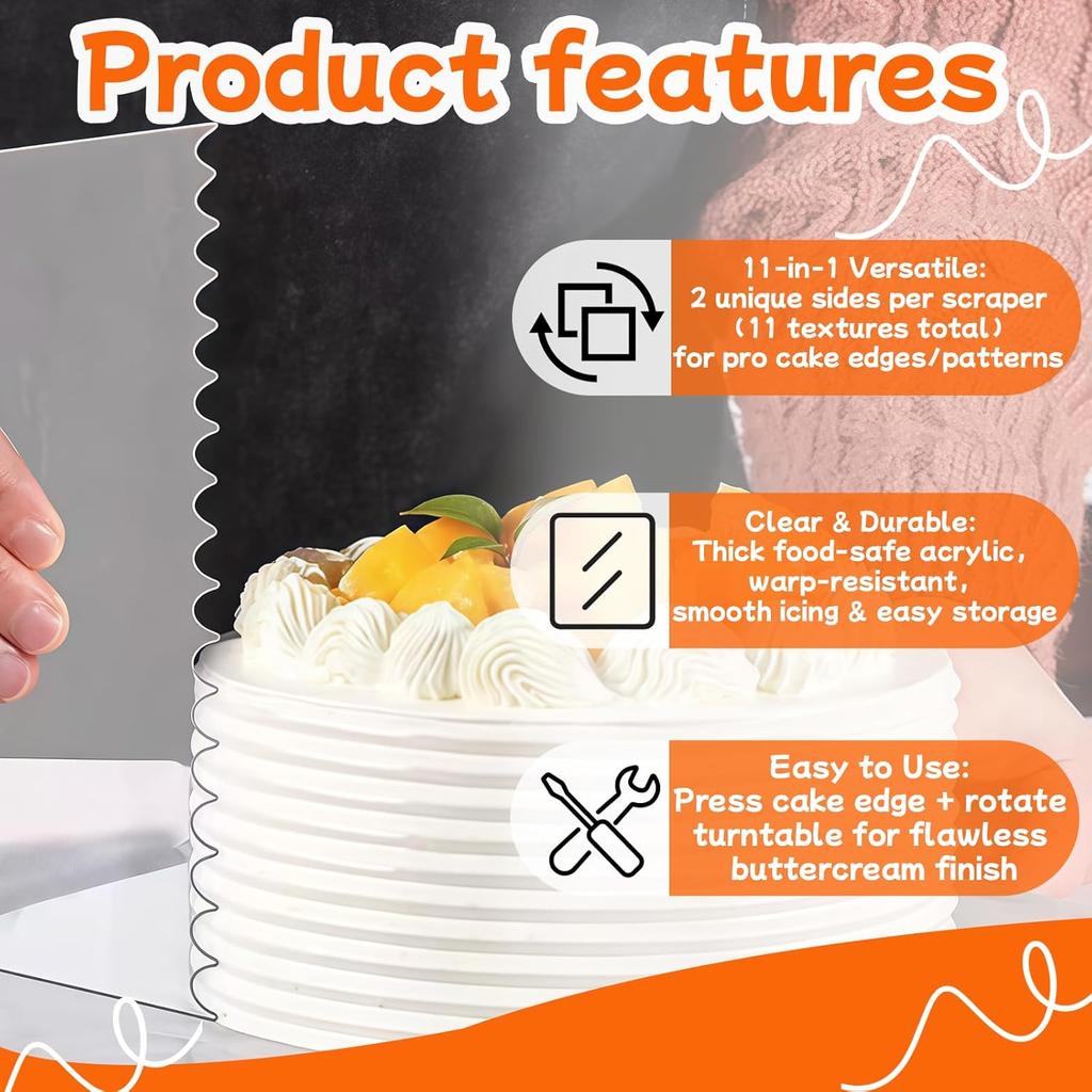 7 PCS Cake Scraper Set, Clear Acrylic Cake Smoother Scraper, Clear Cake Combs, Multi-Shape Edges with Connector Rings, for DIY Icing Frosting