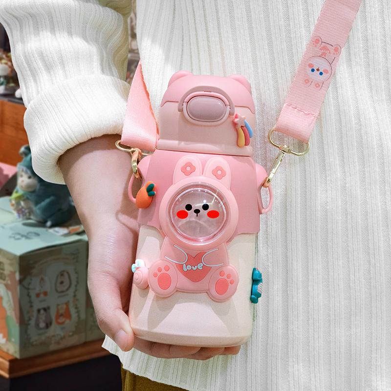 Children Mug Stainless Steel Leak-Proof Vacuum Flask With Straw Cartoon Thermal Water Bottle Drinkware