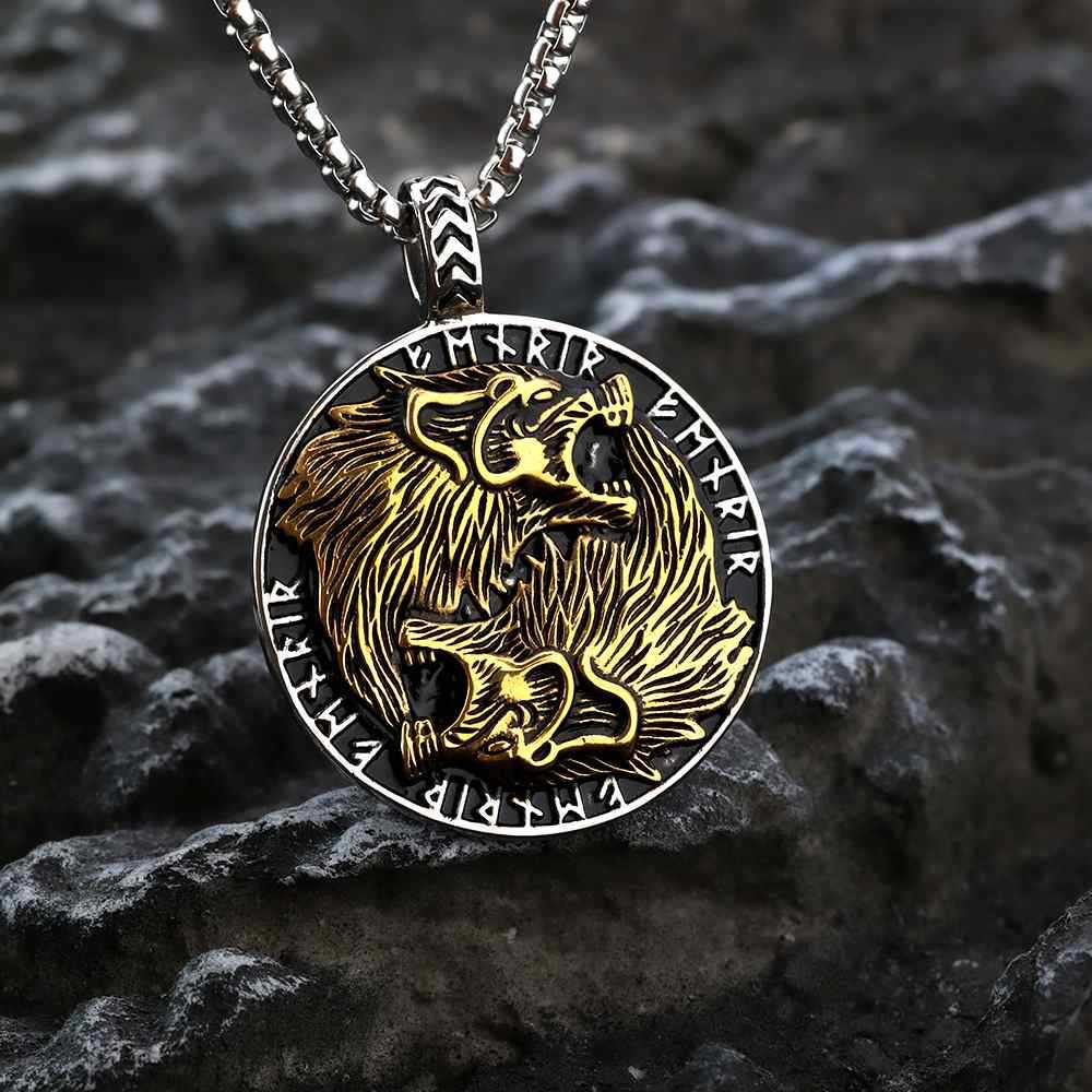 Stainless Steel Viking Guardian Totem Men's Double Wolf Necklace
