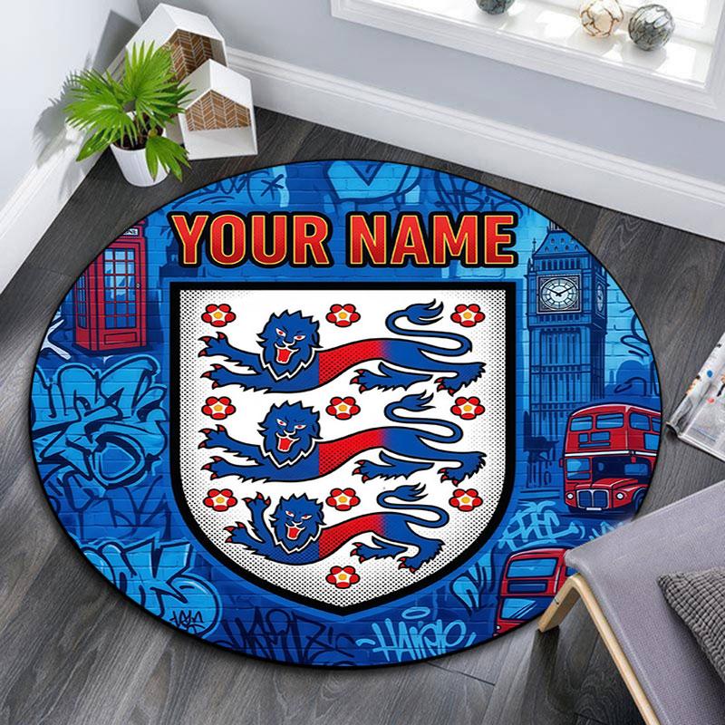 Custom Name,England National Football Team Pattern Round rug,Carpet Rug for Living Room Bedroom Playroom ,Non-slip Floor Mat,Holiday Gifts and Birthda