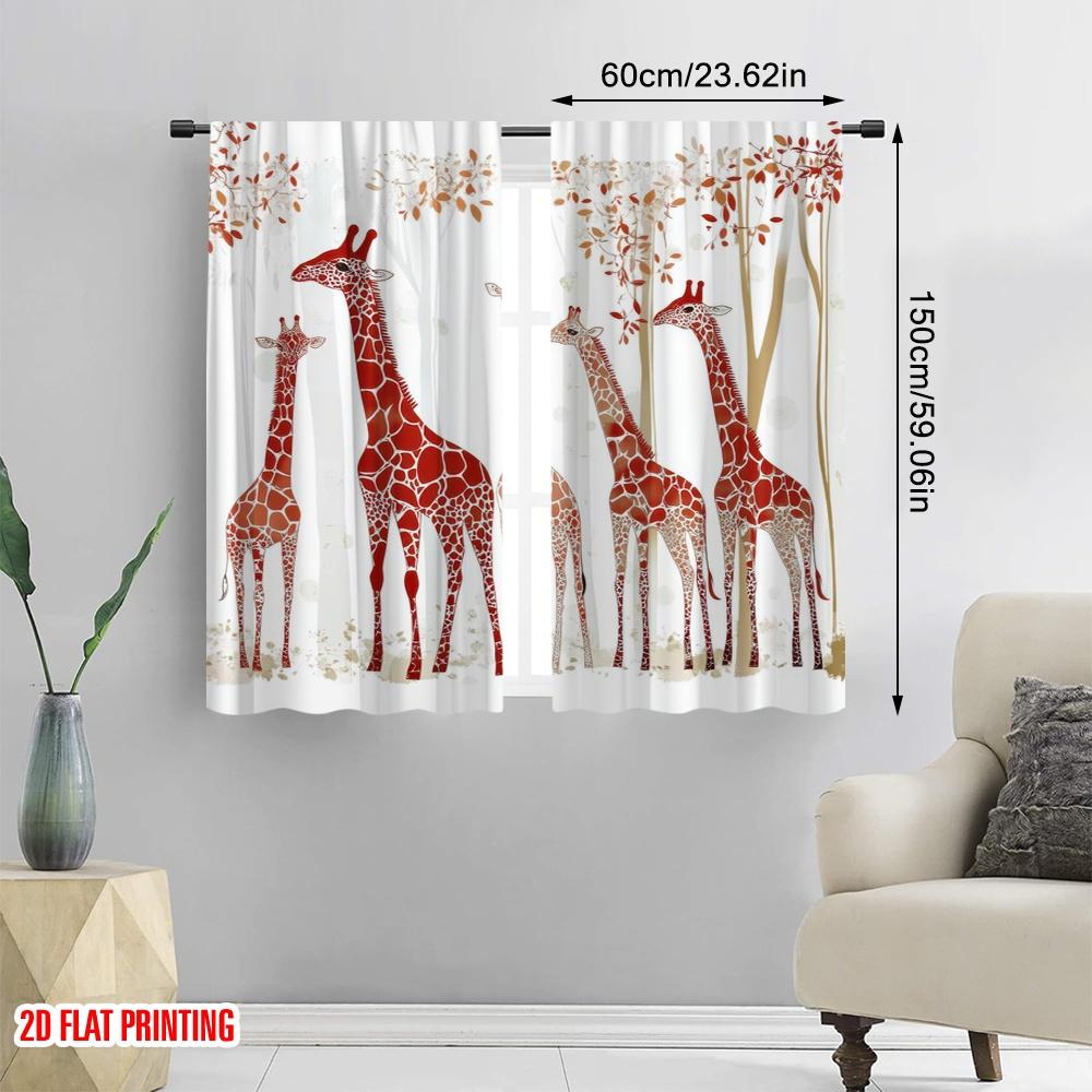 2pcs,2D Plane Printing Window Curtain Autumn Giraffes Versatile Fabric (without Rod) All Seasons Use for Living Room & Office