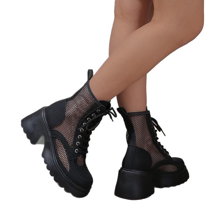 New thick-soled heightened square head summer British style small mesh high-heeled hollowed-out versatile cool boots women's shoes