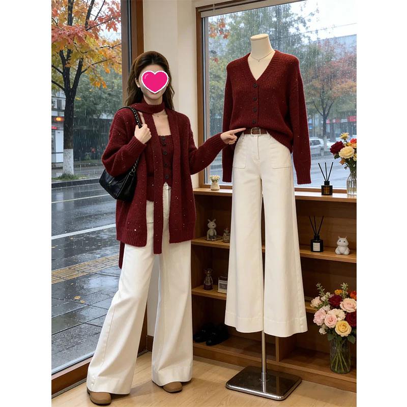 

2026 Spicy Girl Three-Piece Set: Slim Fit Tank, Knit Cardigan, & High-Waisted Wide-Leg Pants for Spring/Autumn 3XL
