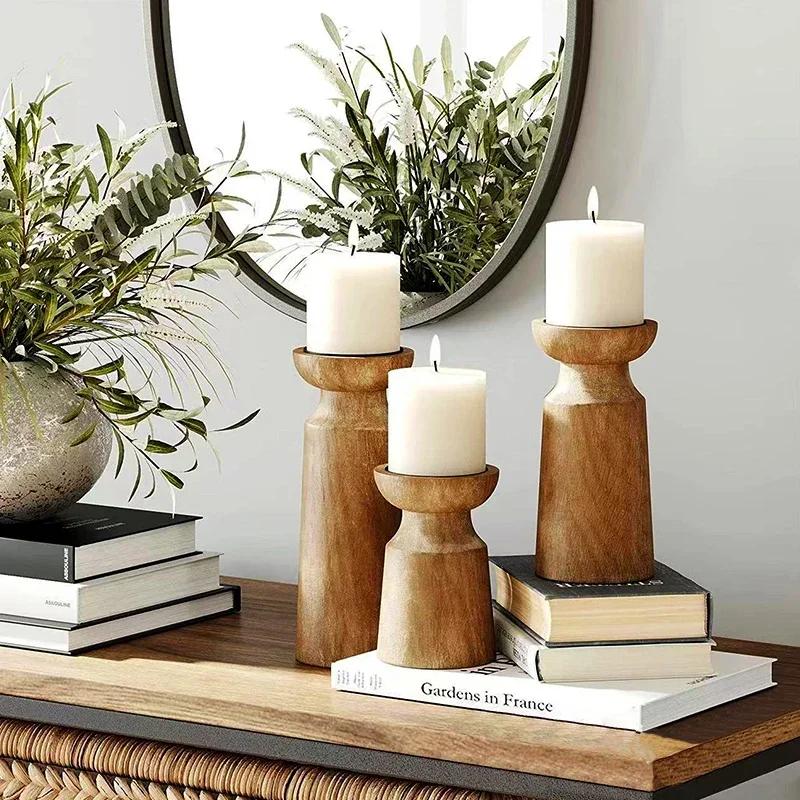 Solid Wood Retro Candle Holder Home Homestay Desktop Decoration Candle Table Wooden Dinner Candle Holder Decoration Set