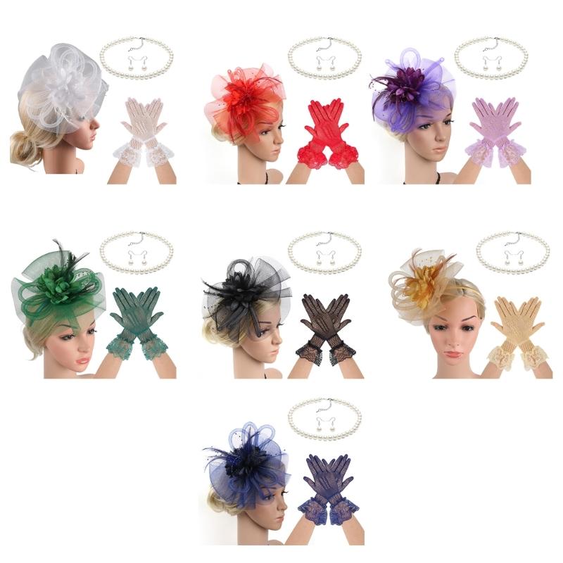 Lace Flower Fascinator Hat Hairband Necklace Gloves for Cocktails Event Dressingup Roleplay Flapper Costume Accessories