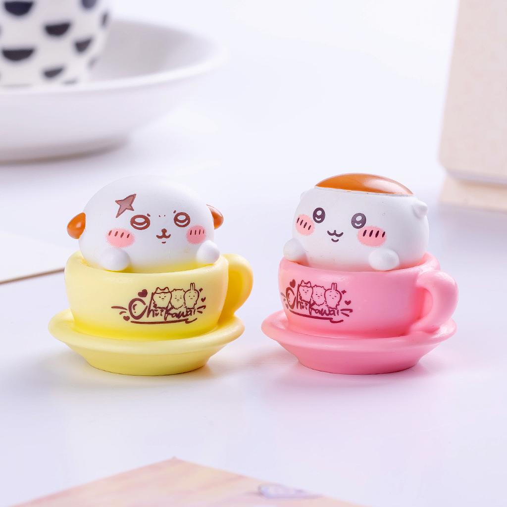 Cute Chiikawa Figures Mini Teacup Toy Set Hachiware Usagi Momonga Lion Desk Decoration Collectible Kawaii Ornaments Gift