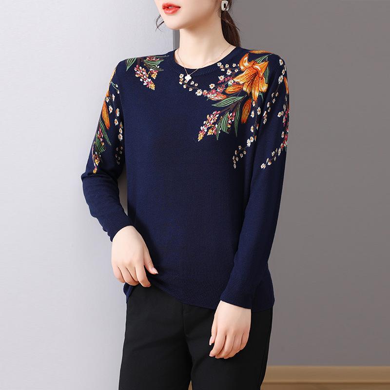 Druck Damen Pullover Frühling Herbst Koreanische Mode Pullover Langarm Top Blusas Femme Weicher O-Ausschnitt Gestrickter Schlanker Pullover