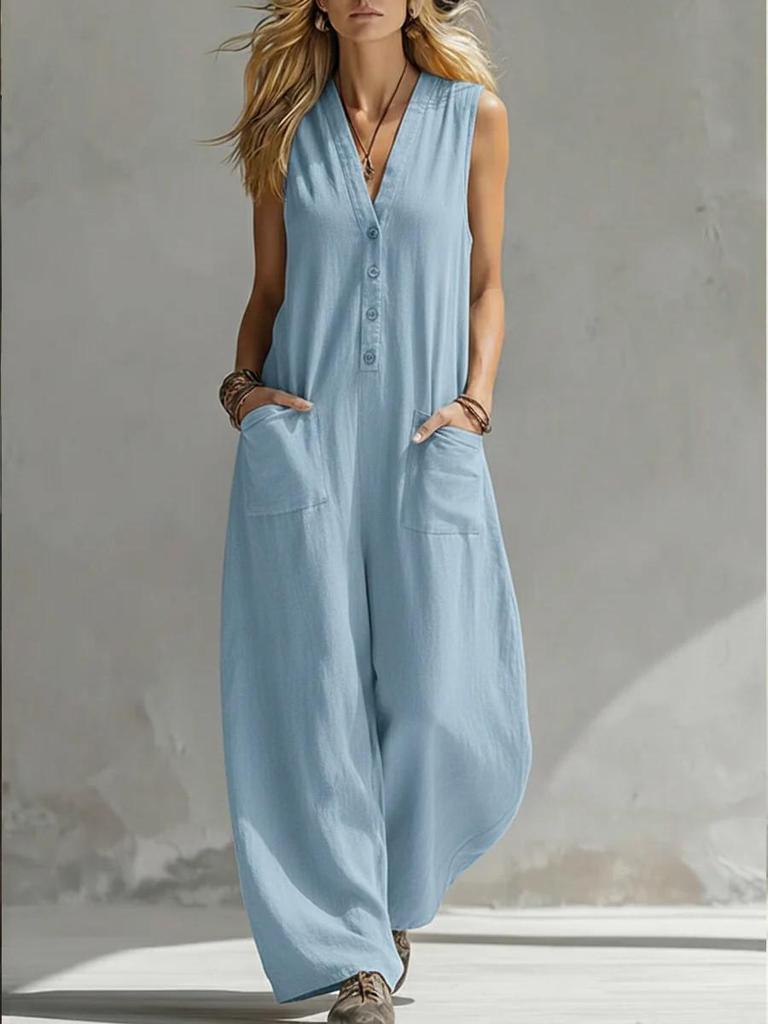 Sleeveless V-Neck Buttoned Linen Cotton Jumpsuit with Double Pockets for Casual Summer Holidays