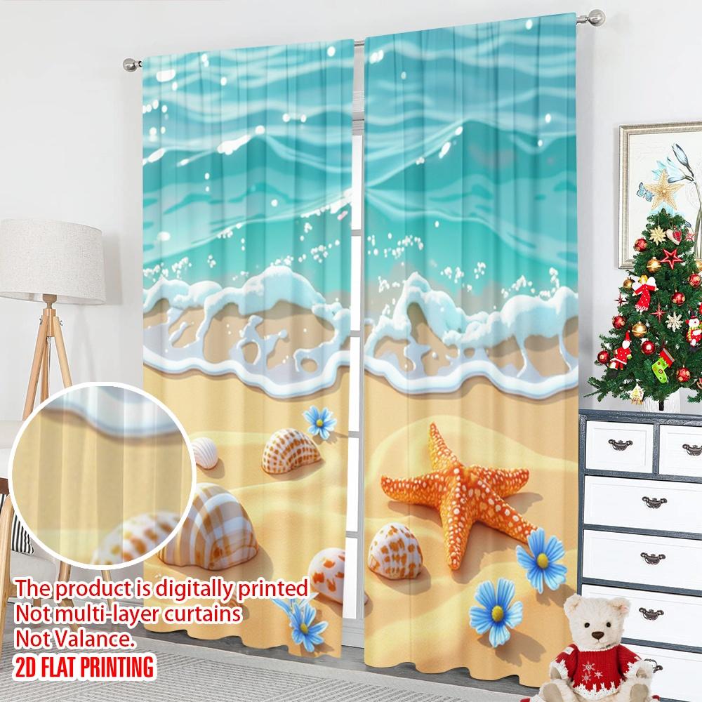 Flat Printing Curtain Starfish Shells Beach Tropical Ocean Digital Printed Polyester Drapes Festive Holiday Use Door Curtains Set Of 2 Made