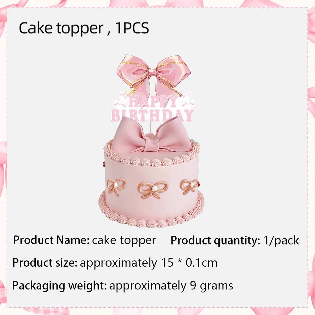 Pink Bow Party Supplies Set: Plates, Cups, Flags, Table Decor for Birthday and Theme Parties.