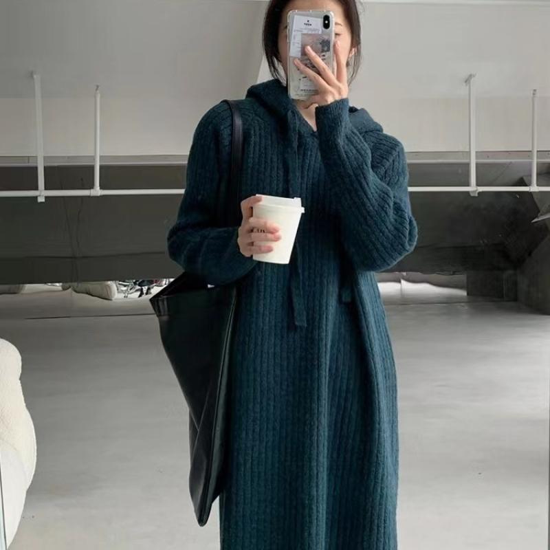LYRIA Korean Style Mid-length Hooded Knitted Dress for Women, New Autumn and Winter Style, Loose and Slimming, Lazy Pullover Base Layer Sweater Dress