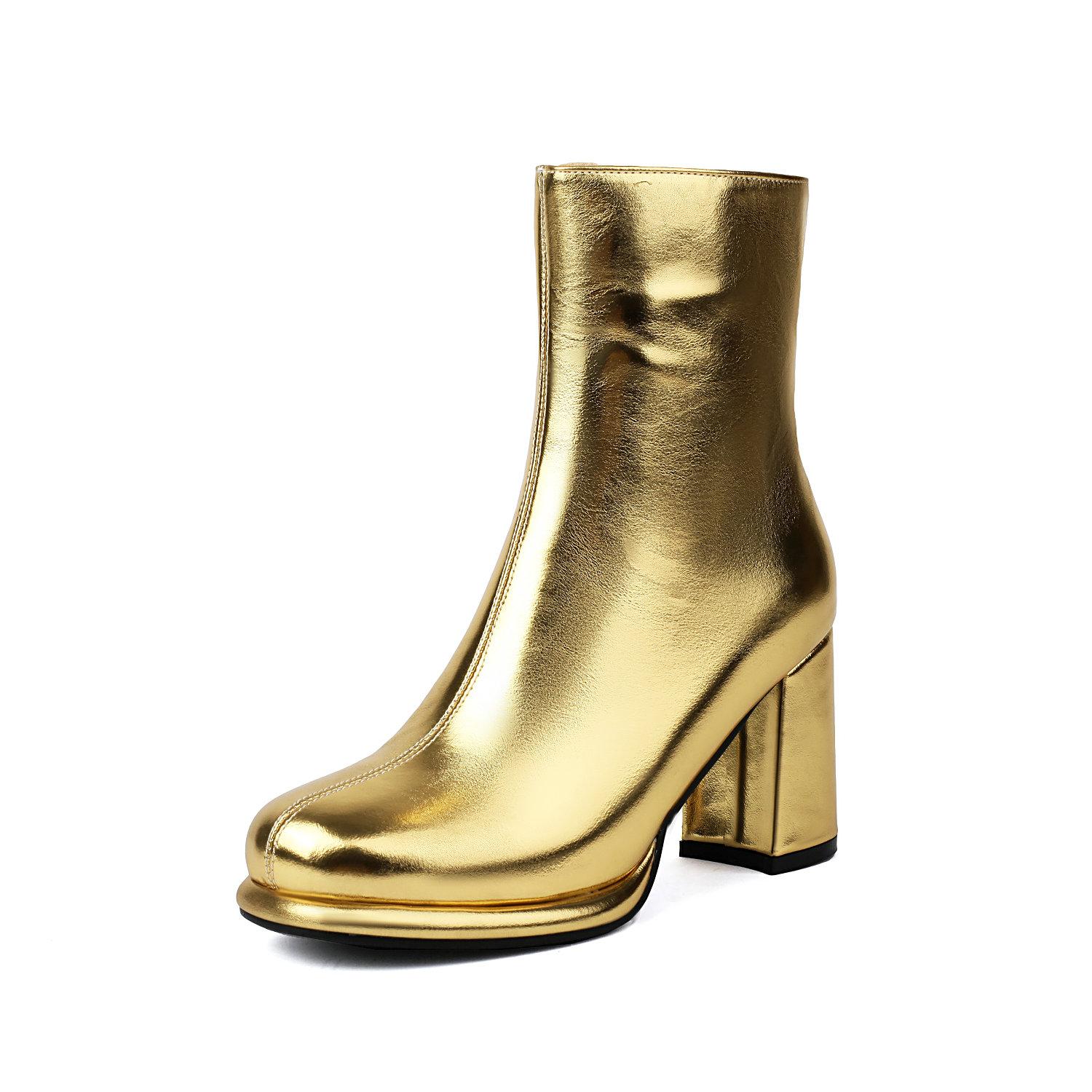 Лаконичные женские ботильоны из лакированной кожи для девочек золотые серебристые розовые черные удобные на массивном высоком каблуке 38 золотой 5140₽