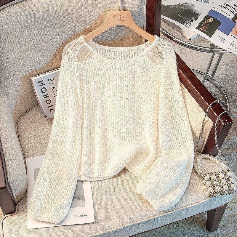 Womens White Knit Crop Top Casual Crew Neck Long Sleeve Sheer Sweater