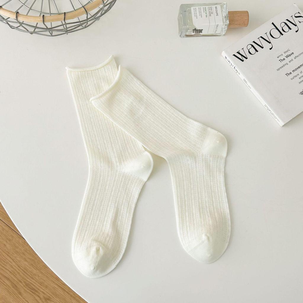 Women's Summer Style White Slouch Socks – Breathable Hollow Mesh Mary Janes, Seamless & Mid-Calf Length