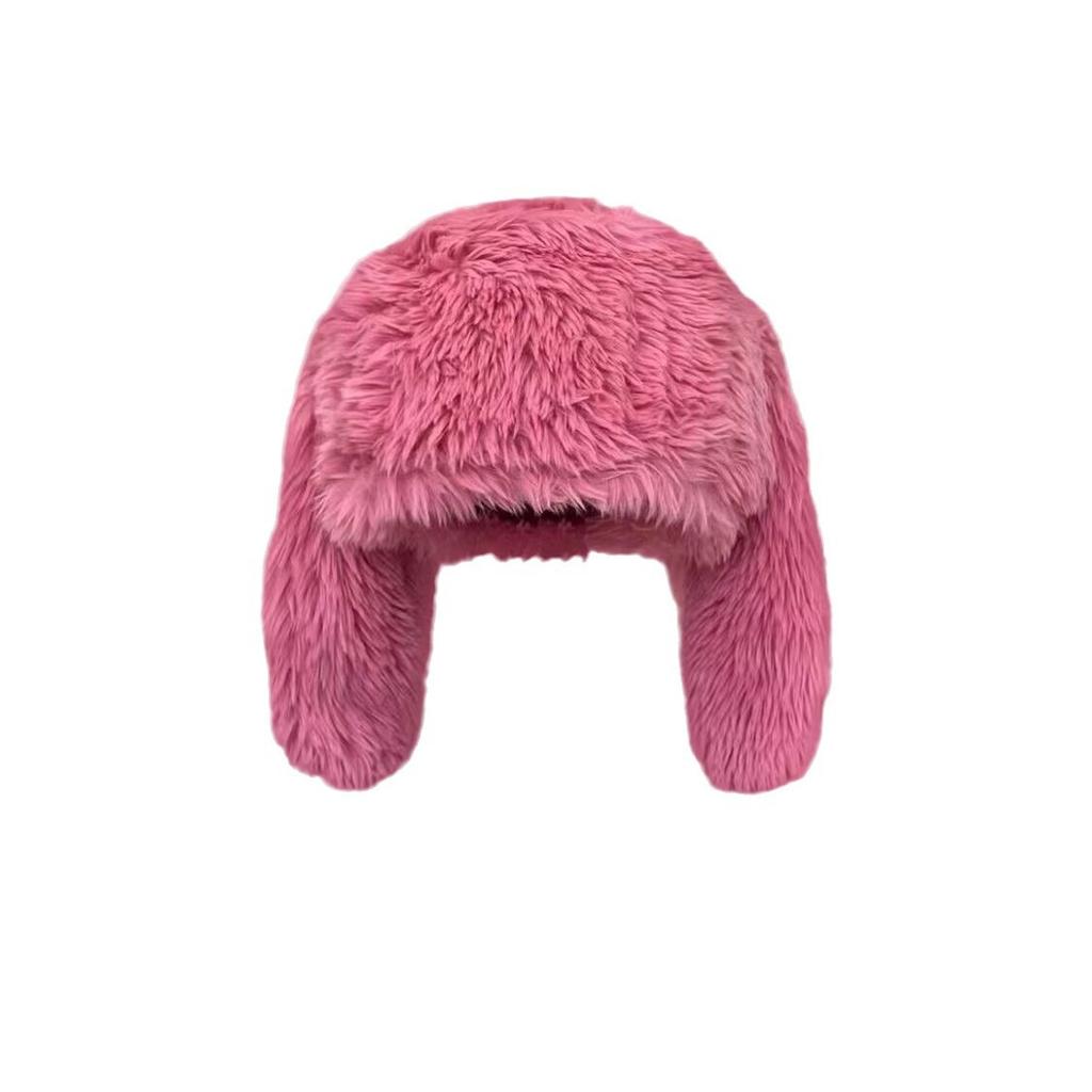 Women's Plush Rabbit Long Ear Solid Color Lei Feng Hat Autumn Winter Cute Warm Beanie Korean Style Face Slimming Hat
