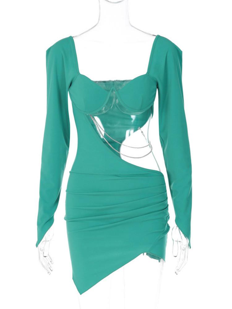 Women Club Party Spring Autumn Ruched Y2K Clothes Hollow Out Square Neck Long Sleeve Bodycon Mini Dresses