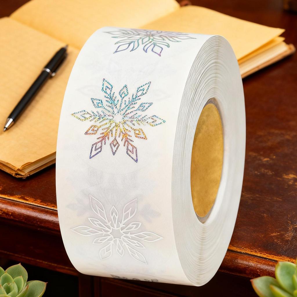 500Pcs/roll Christmas Snowflake Stickers, Round Self-Adhesive Transparent Labels for Journal, Greeting Cards, Gift Tags & Crafts