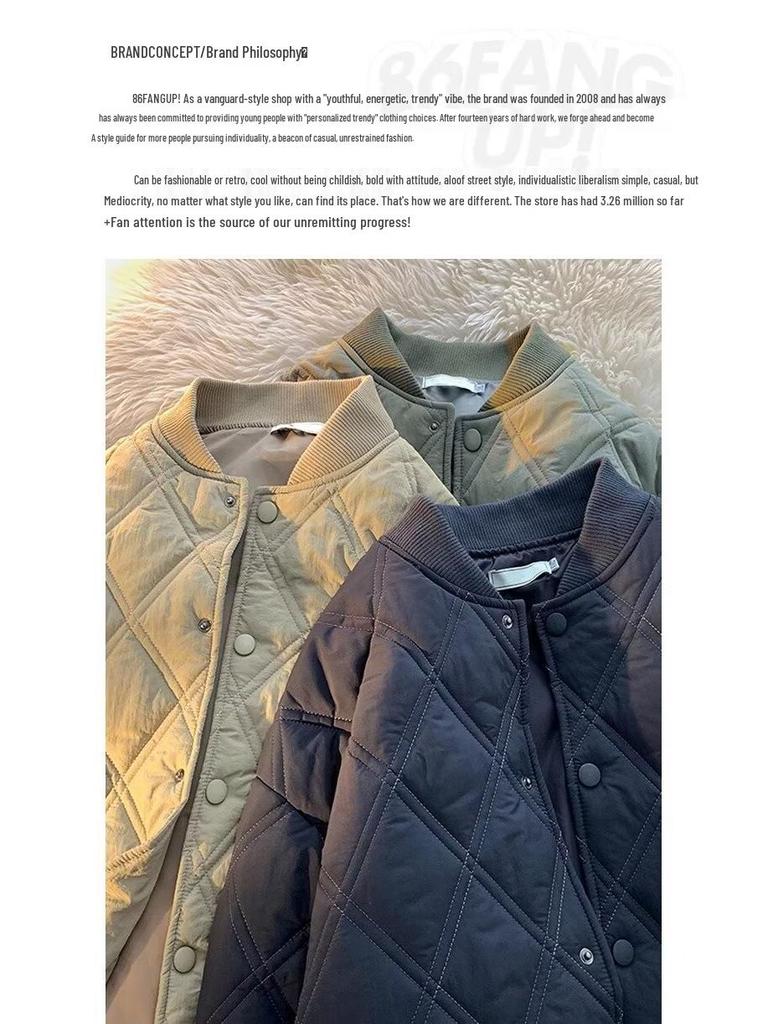 Unisex Retro Diamond Checkered Cotton Baseball Jacket - Thick, Warm, and Casual for Winter