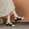 Genuine Leather Mary Zhen Stomped Mid-heel Spring and Summer Black and White Spliced Shoes with Skirt for Girls Thick Heels Baotou Sandals