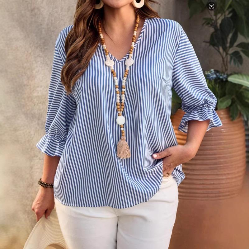 Light Blue Striped Shirt, Fashionable Commuter Versatile Bell Sleeve Pullover V-neck Top for Women