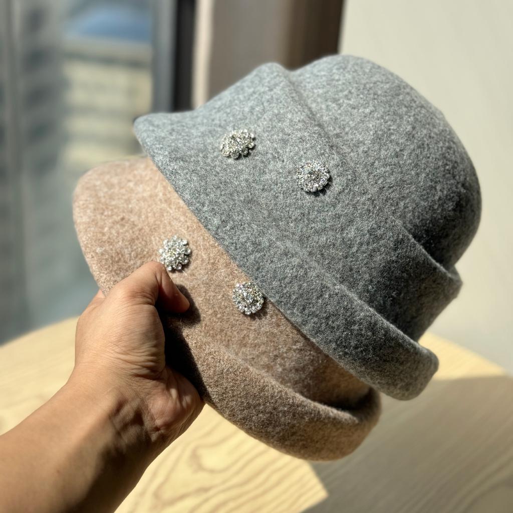 Ny Höst och Vinter Elegant Hög Hatt Dam Ull Strass Fiskarhatt Brittisk Retro All Match Varm Ryttarhatt