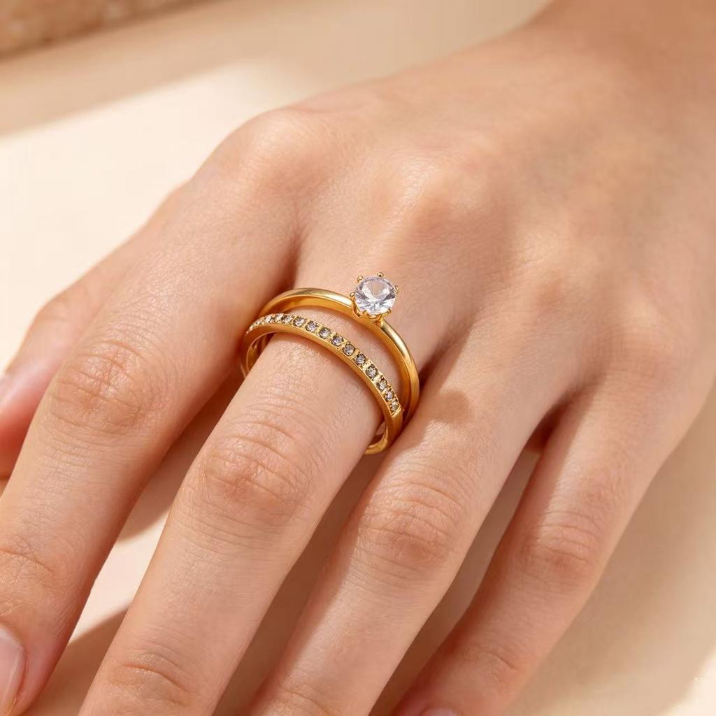 Double Layer Zircon Rings For Women 316L Stainless Steel Waterproof Stackable Ring Dainty Engagement Wedding Jewelry Finger Gift