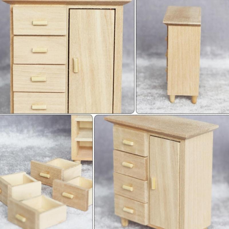 Antique 4 Drawer Miniature Cabinet Accurate 1/12 Dollhouses Furniture For Realistic Bedroom Decors And Organizing