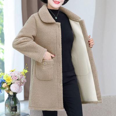 Mom Lamb Wool Jacket Winter Women's Plush Integrated Medium and Long Imitation Leather Plush Thickened Top Granular Plush