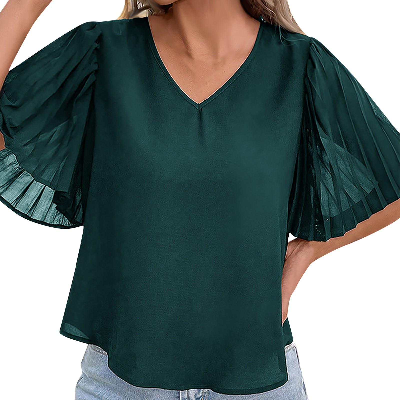 

Новий літній жіночий одяг, однотонні жіночі плісировані топи з короткими рукавами XL темно-зелений колір